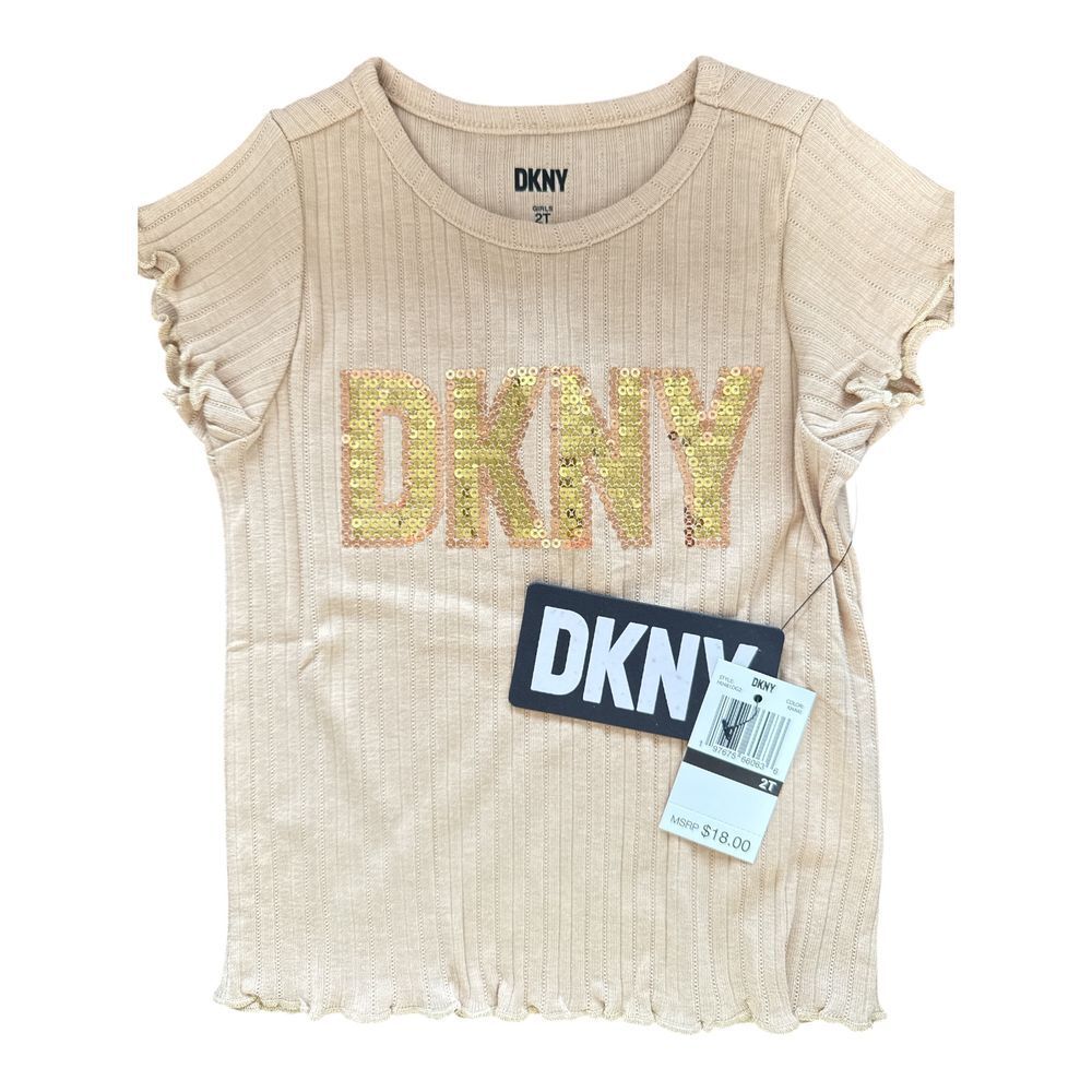 DKNY Girls Ribbed T-Shirt Gold Sequin Logo Ruffle Sleeve Cream Top 2T